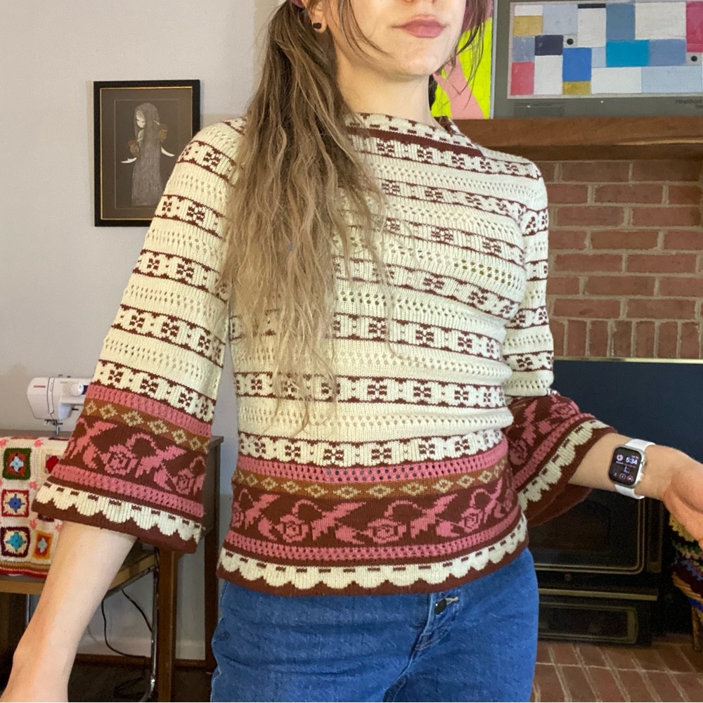 Vintage 70s Currants Jeri-Jo New York Square High Neck Bell 3/4 Sleeve S… - Picture 2 of 15